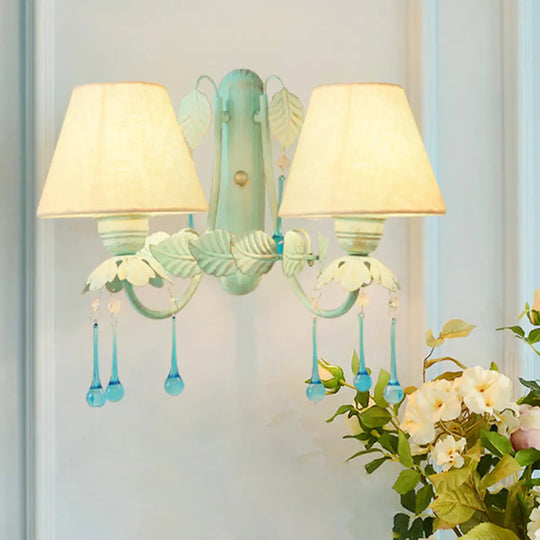 Blue Droplet Conical Fabric Wall Mounted Light With 2 Heads - Ideal For American Garden & Dining