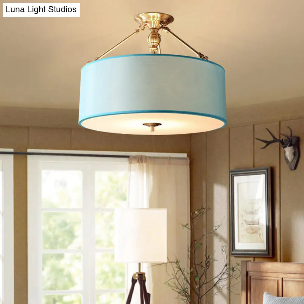 Blue Fabric Drum Semi Flush Ceiling Light With 4 Lights For Corridor