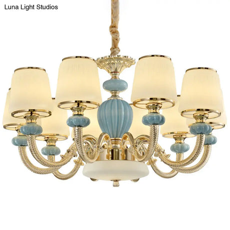 Blue Frosted Glass Barrel Chandelier - Simple Ceramic Suspension Pendant For Living Room