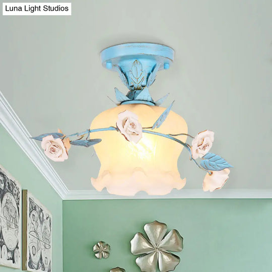 Blue Glass Korean Garden Flush Light With Blossom Design - Semi-Mounted Single Bulb Entry Fixture