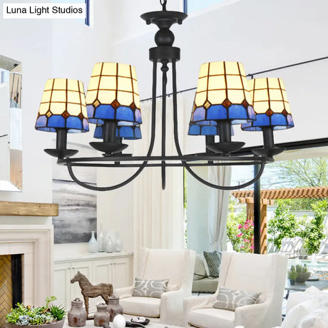 Blue Glass Lattice Chandelier With 4/6/8 Hanging Lights - Perfect For Villa Or Hotel