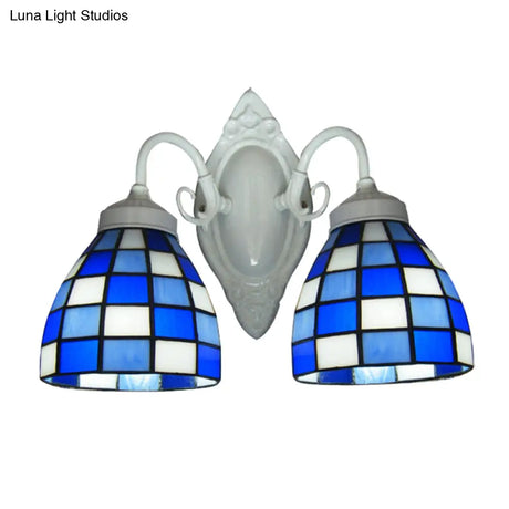 Blue Glass Mosaic Dome Wall Lighting - 2 Lights Bathroom Mounted Lamp In White Finish