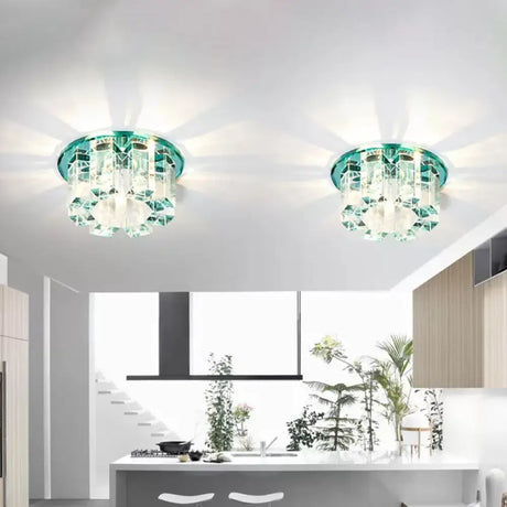 Blue/Gold/Tan Crystal Led Flush Mount Light With Round Design - Warm/White Lighting Blue / Warm