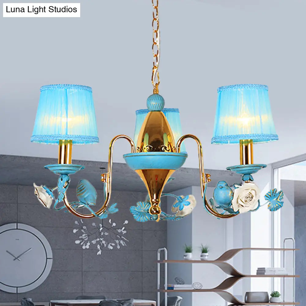 Blue Gooseneck Arm Chandelier: 3-Light Korean Flower Ceiling Pendant For Dining Room With Fabric