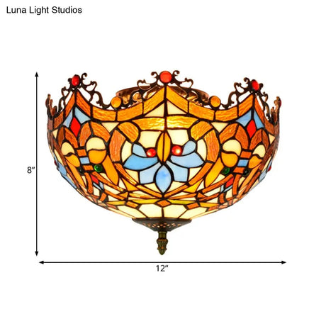 Blue Hand Cut Glass Ceiling Mount Light Scalloped Baroque Design 12’/16’ Width 2/3 Lights