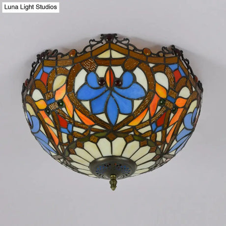 Blue Hand Cut Glass Ceiling Mount Light Scalloped Baroque Design 12’/16’ Width 2/3 Lights