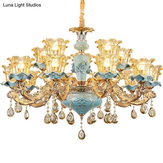 Blue Layered Flower Chandelier - Traditional Bedroom Suspension Light With Clear Crystal Glass