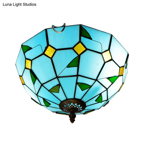 Blue Leaf Flush Ceiling Light Tiffany Stained Glass Lamp - 12’/16’ Wide 2/3 Lights
