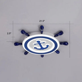 Blue Led Flushmount Ceiling Lamp For Kids Room With Cartoon Ship Rudder Design / 21.5’ White