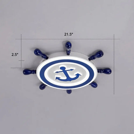 Blue Led Flushmount Ceiling Lamp For Kids Room With Cartoon Ship Rudder Design / 21.5’ White