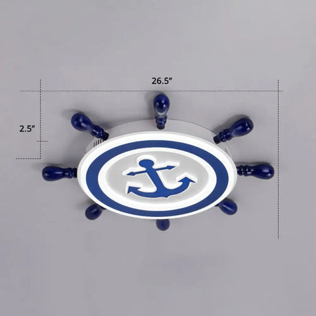 Blue Led Flushmount Ceiling Lamp For Kids Room With Cartoon Ship Rudder Design / 27’ White