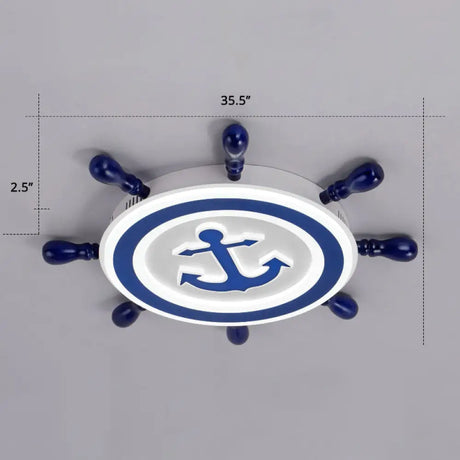 Blue Led Flushmount Ceiling Lamp For Kids Room With Cartoon Ship Rudder Design / 35.5’ Warm