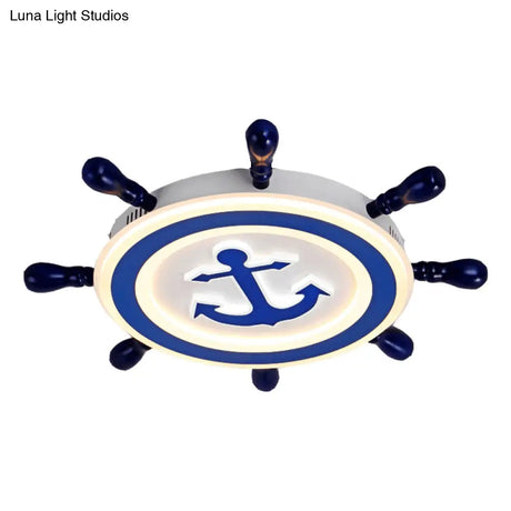 Blue Led Flushmount Ceiling Lamp For Kids Room With Cartoon Ship Rudder Design
