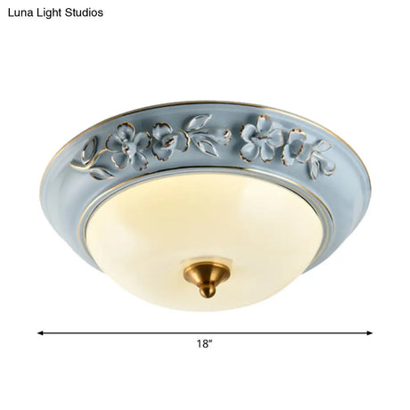 Blue Led Flushmount Ceramic Flower Ceiling Light With Lampshade - 12’/14’/18’ W