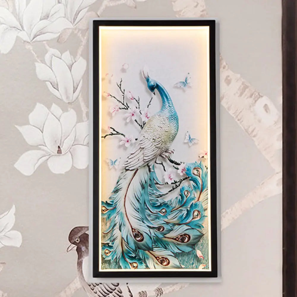 Blue Led Peacock Mural Wall Light With Aluminum Asian Design Black