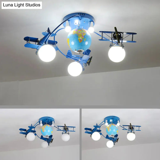 Blue Metal Globe Flush Mount Light For Modern Nursing Room Ceiling Fixture