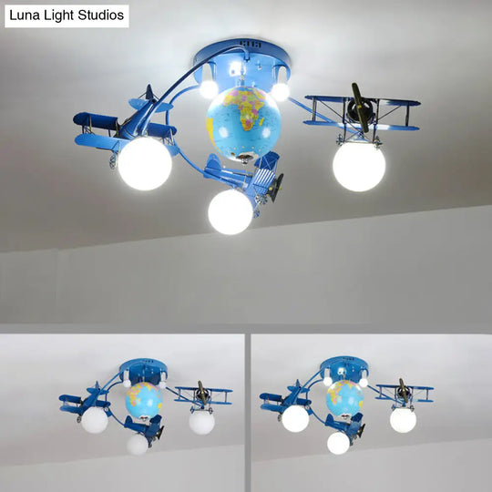 Blue Metal Globe Flush Mount Light For Modern Nursing Room Ceiling Fixture