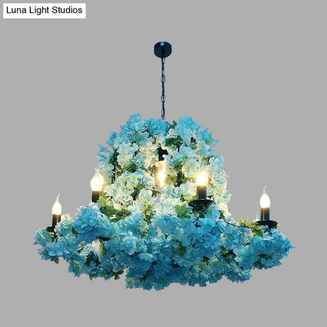 Blue Metal Led Suspension Candle Chandelier Light Fixture With Cherry Blossom - 6/8 Bulbs