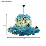 Blue Metal Led Suspension Candle Chandelier Light Fixture With Cherry Blossom - 6/8 Bulbs
