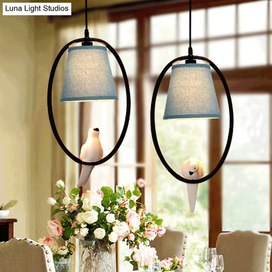 Blue Metal Oval Pendant Light With Pigeon Rustic Style - Ideal For Balcony