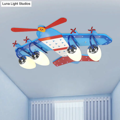 Blue Plane Ivory Glass Flushmount Lighting For Boys Bedroom - 3/4 Heads Ceiling Fixture