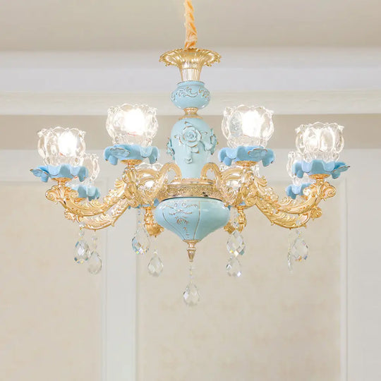 Blue Ribbed Glass Chandelier With Crystal Draping Classic Pendant Lighting For Living Room 8 /