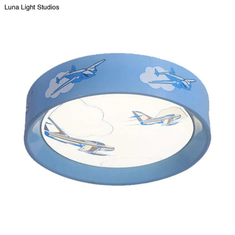Blue Round Flush Mount Ceiling Light With Cartoon Plane Design - Perfect For Bedroom