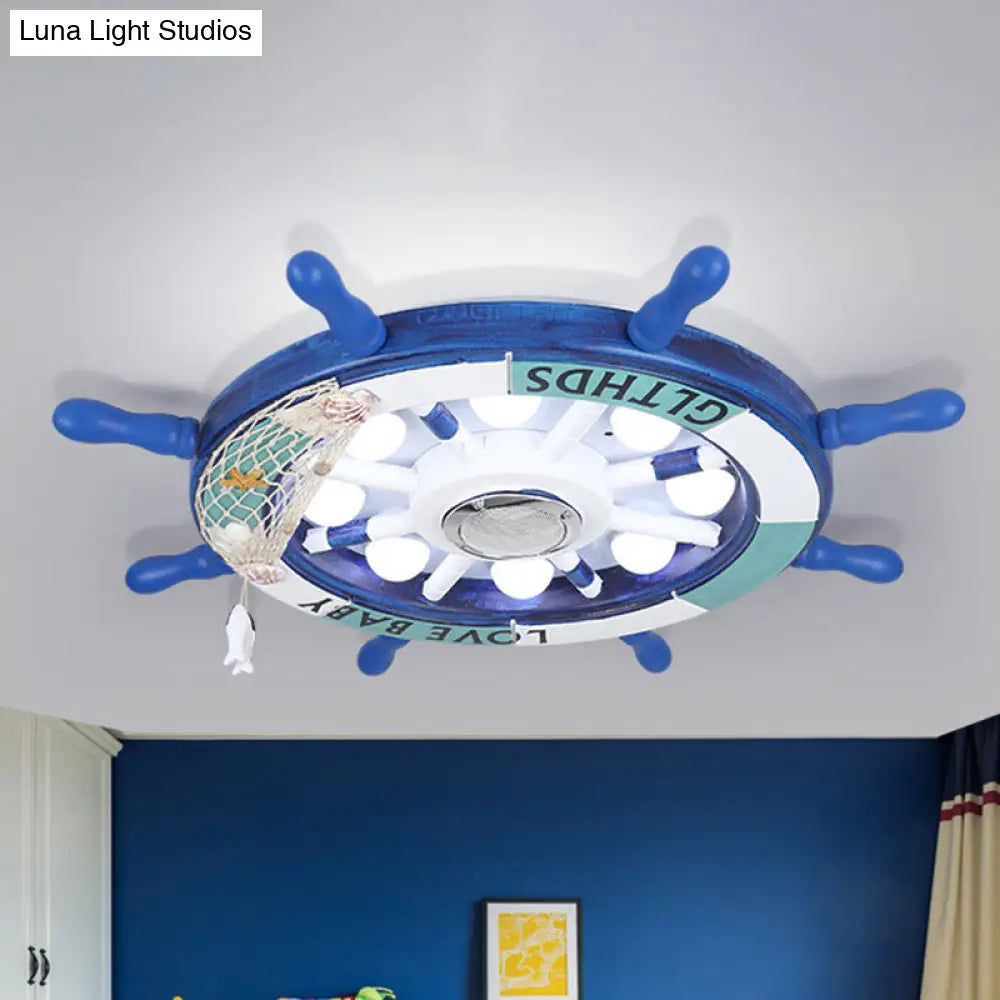 Blue Rudder Led Flush Light Fixture: 18’/25.5’ W Wooden Mount For Boys Bedroom