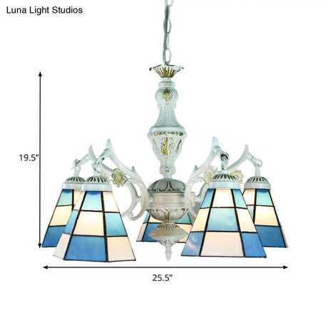 Blue Stained Glass 5-Light Chandelier With Adjustable Chain For Foyer