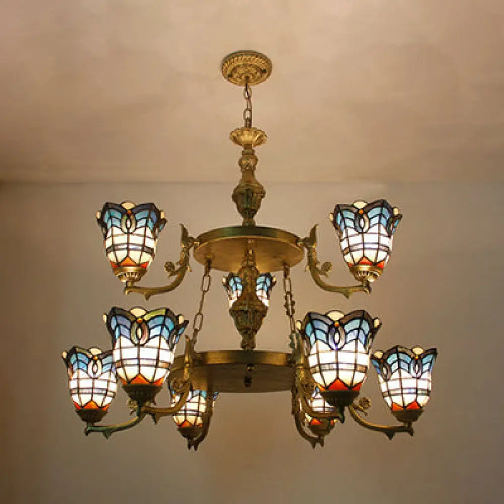 Blue Stained Glass Baroque Bell Chandelier With Adjustable Chain - 2 Tiers Suspended Lighting