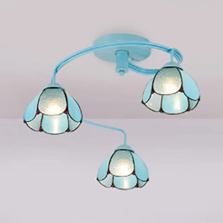 Blue Stained Glass Ceiling Flush Mount - Tiffany Style Semi Light Fixture With 3/5 Floral Lights 3 /