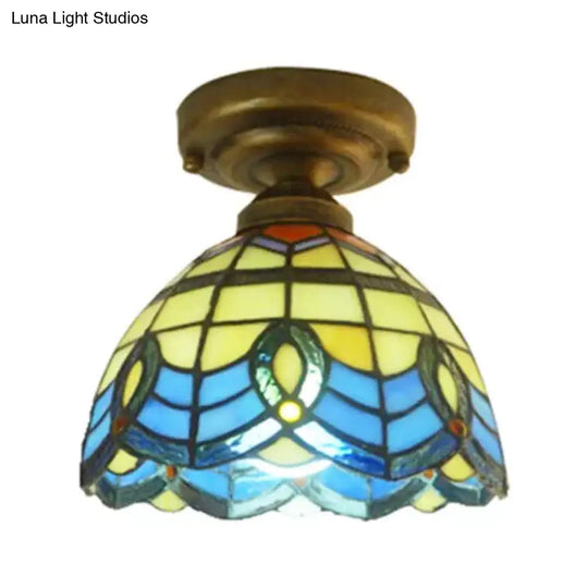 Blue Stained Glass Ceiling Light - Baroque Style Semi Flush Mount With Bell Shade