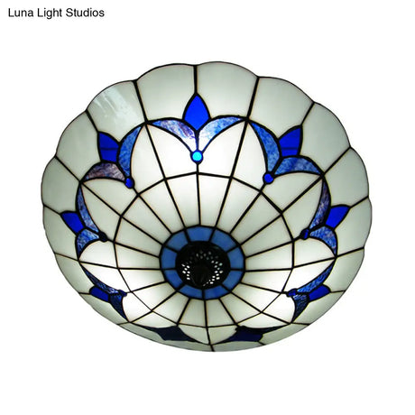 Blue Stained Glass Ceiling Light - Tiffany Style Floral Shade 3 - Light Flush Mount For Bedroom