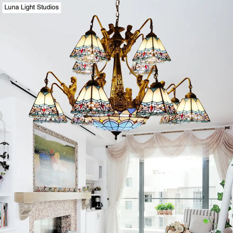 Blue Stained Glass Chandelier - Tiffany Style With 15 Lights And Baroque/Magnolia Pattern