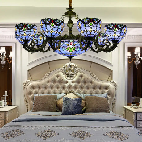 Blue Stained Glass Chandelier With Bell And Dome Shade For Living Room Inspired By 9/11 Memorial