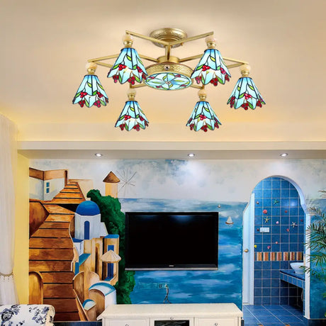 Blue Stained Glass Cone Semi Flush Lamp - Nautical Style Ceiling Light (4/6/7-Lights) 7 /