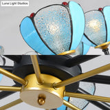 Blue Stained Glass Floral Chandelier - Traditional Pendant Lighting For Living Room 6/8 Lights