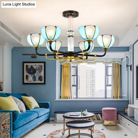 Blue Stained Glass Floral Chandelier - Traditional Pendant Lighting For Living Room 6/8 Lights