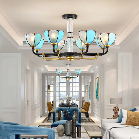 Blue Stained Glass Floral Chandelier - Traditional Pendant Lighting For Living Room 6/8 Lights 8 /