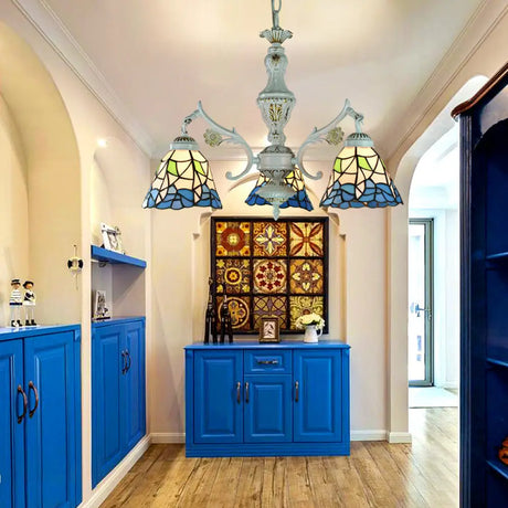Blue Stained Glass Pendant Chandelier With Traditional Pattern For Indoor Dining / Flower