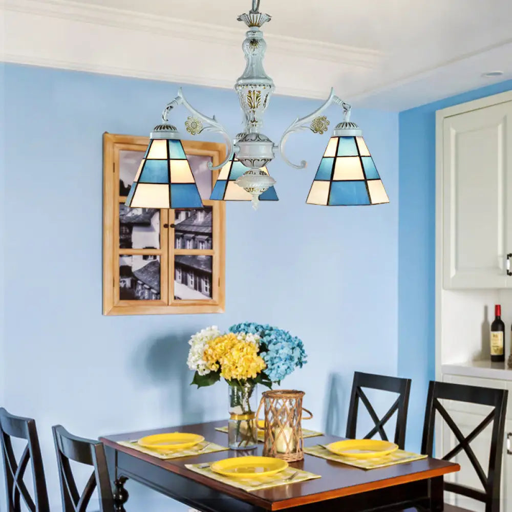 Blue Stained Glass Pendant Chandelier With Traditional Pattern For Indoor Dining / Square