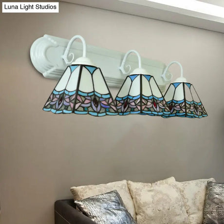 Blue Stained Glass Pyramid Sconce Light - Wall Mounted 3-Head Fixture For Living Room