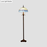 Blue Stained Glass Scalloped Dome Floor Light - 2 Bulb Pull Chain Standing Lamp