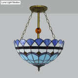 Blue Stained Glass Semi Flush Mount With Inverted Bowl Shade - Mediterranean Style