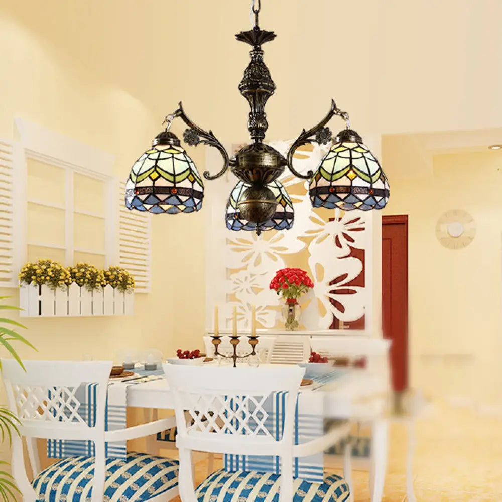 Blue Stained Glass Semi Globe Chandelier With Hanging Chain - Baroque Ceiling Pendant