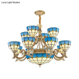 Blue Stained Glass Tiered Chandelier With 15 Lights For Living Room