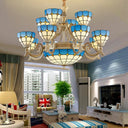 Blue Stained Glass Tiered Chandelier With 15 Lights For Living Room