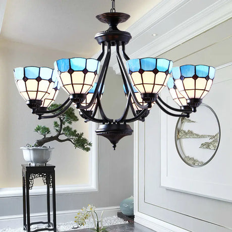 Blue Stained Glass Tiffany Pendant Chandelier Light With Upward 6/8 Lights 8 /