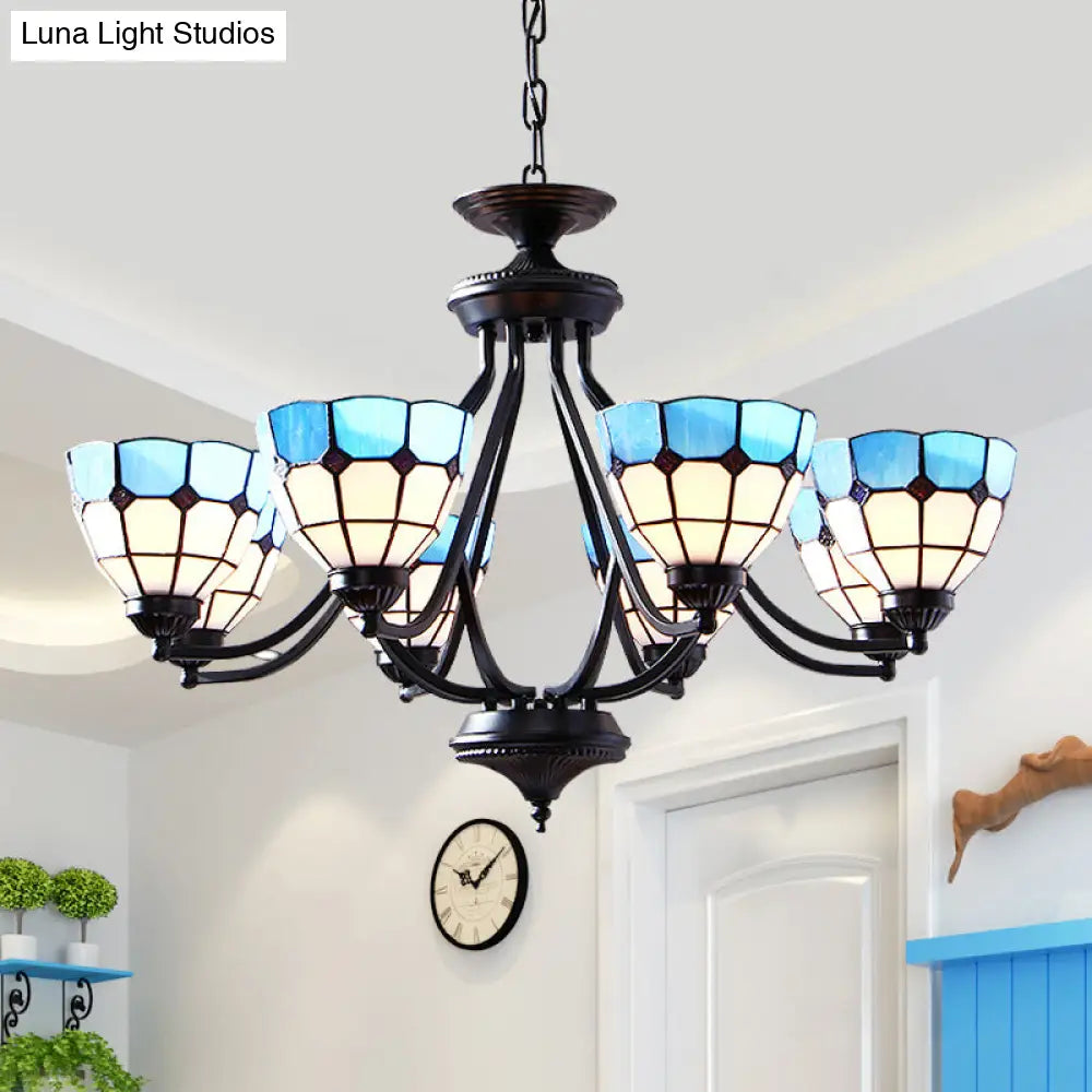 Blue Stained Glass Tiffany Pendant Chandelier Light With Upward 6/8 Lights