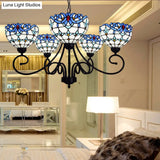 Blue Stained Glass Victorian Pendant Chandelier 5-Light Indoor Lighting For Foyer